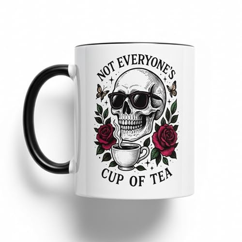 Silly Dog Designs - Funny Skull Mug “Not Everyone’s Cup of Tea” - Tattoo Style Coffee Mug - 11oz Ceramic - Dishwasher & Microwave Safe - Gothic Gift for Him Her Friend