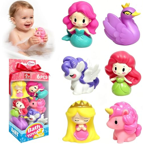 YOTOY Bath Toys for Toddler Mermaid Toys 6 Pack Bath Toy No Hole No Mould | Baby Bathtub Toy Set Unicorn Princess Mermaid Toys Gifts for Girls Age 3 4 5 Birthday Presents Water Play