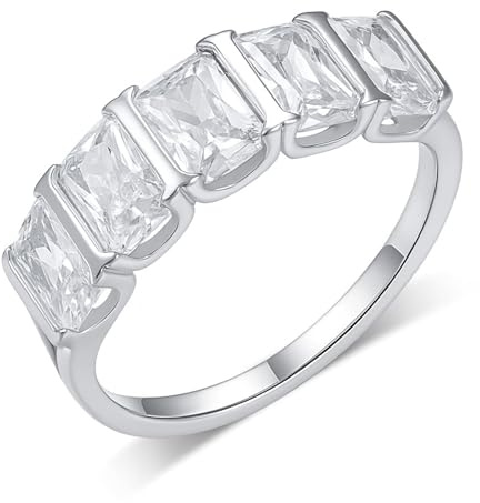 Tolldek Hochzeitsband Weißgold 9K/14K/18K, Zierlich Klassiker Eheringe mit Moissanit Rechteckschliff Echtes, Pärchen Ringe Au 375/585/750 Weiß Gold, Gr.47-65