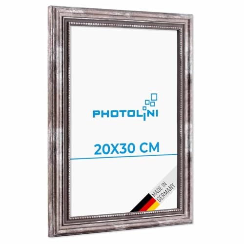 PHOTOLINI Barock-Bilderrahmen 20x30 cm in Silber antik, Holz-Rahmen Vintage, Made in Germany, Echtglas, zum Aufhängen, mit Zubehör - verleiht Deinen Fotos das besondere Etwas