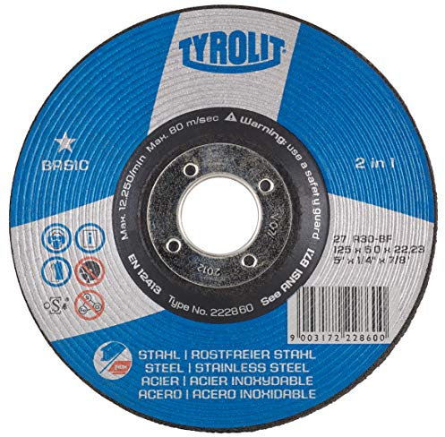 TYROLIT 222860 BASIC 2in1 Rough Grinding Wheels for Steel & Stainless Steel, 125mm Cutting Discs, Angle Grinder Discs, 125 x 6 x 22.23 mm, 10-Pack