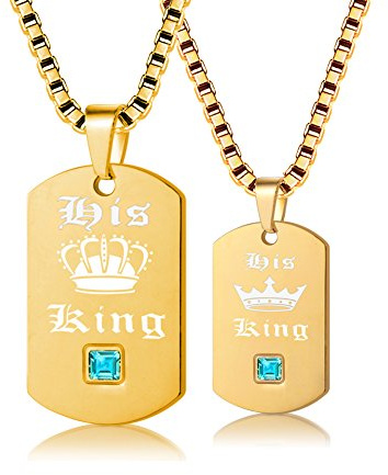 Uloveido 2 Stück Gay & Lesben Pride Halsketten Set für Männer und Frauen - Erkennungsmarke Titan Halsketten mit Charm-Anhänger Sein König & Ihre Königin SN125 (Schwarz und Gold Farbe)
