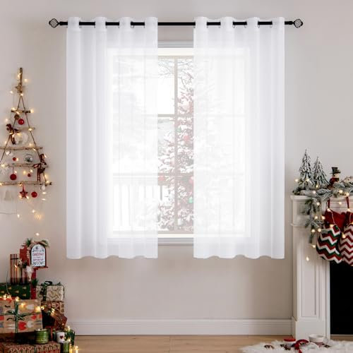 MIULEE 2er Set Voile Vorhang mit Ösen Transparente Optik Gardine Polyester Ösenschal Transparent Wohnzimmer für Schlafzimmer 145 x 140cm (H x B), Grommet Top Weiß