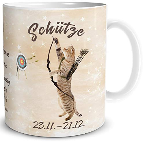TRIOSK Tasse Katze lustig mit Spruch Sternzeichen Schütze Katzenmotiv Geschenk für Katzenliebhaber Geburtstag Frauen Freundin