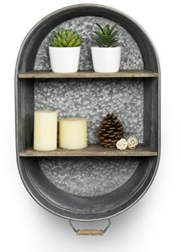 MyGift Rustic Tub Design Galvanized Metal Wall Shelf Rack with 2 Tier Vintage Wood Display Shelves