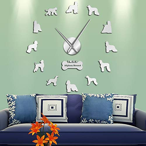 BST Afghan Hound Dog Breed Adesivi murali di Grandi Dimensioni Puppy Dog Pets Decorativi Orologi da Parete Grandi Movimento Silenzioso Orologio da Parete con Orologio Appeso (Argento, 37)