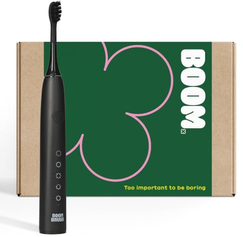 BOOM BRUSH Start Schallzahnbürste Schwarz Elektrisch - 90 Tage Akku | 40.000 Bewegungen pro Minute, 5 Putzstufen, wasserdicht, USB-C Anschluss, Timer alle 30 Sekunden, plastikfrei verpackt