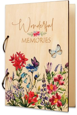 Giiffu Greeting Card Organizer – Wonderful Memories Wooden Floral Card Keeper & Album, Wood Book or Binder for Cards Keepsakes, Personalized Gift for Wedding, Birthday, Anniversaries, Holiday