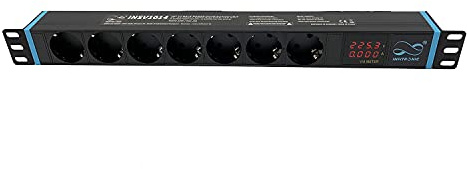 Infitronic INSV1014 19 Zoll PDU Steckdosenleiste 1HE, 7-Fach Stromverteiler mit Digitaler Anzeige für Volt & Ampere, Rack Monitoring Display, 3680W 16A, Aluminium Schwarz, 2m Kabel, Serverschrank