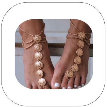Asphire Bohemian Coin Anklet with Toe Ring 2pcs Summer Beach Barefoot Sandals Boho Toe Link Ankle Bracelet Women's Foot Accessories (8.5 inch, Gold)