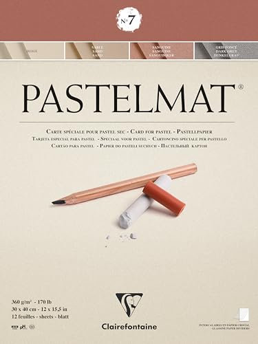 Clairefontaine 96054C Bloc Collé Pastelmat n°7 - 12 Feuilles Carte Spéciale pour Pastels Secs - 30x40 cm 360g - 4 Couleurs Assorties - Intercalaires en Papier Cristal