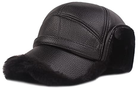 HHRHLKNH Schirmmutze Herren Alte Herrenhüte Winter Dicke Lederhüte Herren-Wintermützen Ohrenschutzmützen Hüte Mittleren Alters Und Ältere Menschen Lederhüte Herrenhüte,Schwarzes Haar,58Cm