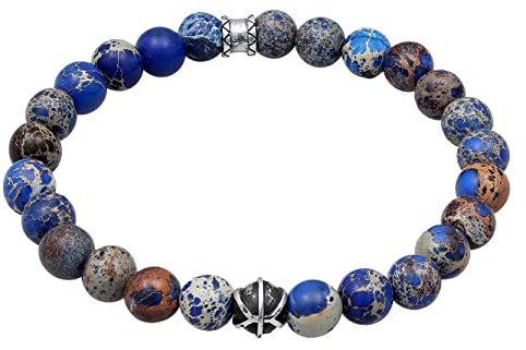 Kuzzoi Buddha Herren Armband aus blauen Achat Perlen Beads aus 925 Silber | Chakra Yogaarmband Energiearmband Steinarmband Länge 19-23 cm elastisch