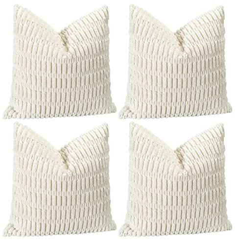 Sungeek Set of 4 Soft Corduroy Decorative Cushion Covers 45x45cm, Square Striped Throw Pillow Covers 18x18 Inch for Sofa Couch Bedroom Patio Farmhouse, Boho Home Decor Pillowcases (Cream White)