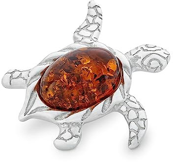 AMBEDORA Damen Silber Meeresschildkröte Brosche mit Bernstein, Poliertes Sterling Silber, Oval Baltischen Bernstein, Brosche mit Anhänger Funktion