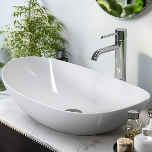 EMKE Waschbecken Aufsatzwaschbecken Oval-Hängewaschbecken für Badezimmer Gäste WC 62 × 36 × 15 cm Waschschale Waschtisch Weiß