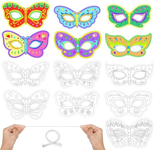 Hifot Tiermasken für Kinder Schmetterling Maske Blanko Bemalen Kinder Masken zum Bemalen Tiermasken zum Ausmalen Insekt für Kinderparty Spiele Bastelset Kindergeburtstag Basteln (12 Stücke)