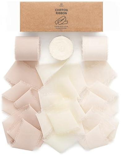 Vitalizart Nastro di Chiffon Setoso Bianco & Nudo, Fatto a Mano con Frange, Totale 3,8 cm x 19,2 m, Nastro Tessuto per Inviti a Nozze, Bouquet da Sposa, Regali, Confezioni, Fai da Te