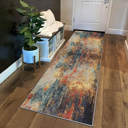 Siunwdiy Bunt Teppich Läufer Flur Küche rutschfest waschbar Teppichläufer Lang Korridor Tepiche 50x140cm Abstrakter Orange gelb Küchenteppich Meterware Bodenmatte Esszimmer Schlafzimmer Wohnzimmer