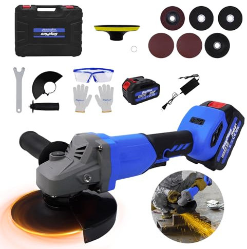 21V Amoladora Angular Eléctrica, Multifuncional Amoladora Angular Sin Escobillas con 3 Ajustes de Velocidad, 10000RPM Radial Rebarbadora Se Puede Utilizar con Mango, Varios Discos - 3000mAh