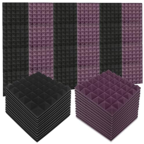 Lot de 24 panneaux acoustiques en mousse - Isolation acoustique - Mural - Pyramide - Isolation phonique - Pour studio d'enregistrement, bureau, maison - Noir et violet - 30 x 30 x 5 cm