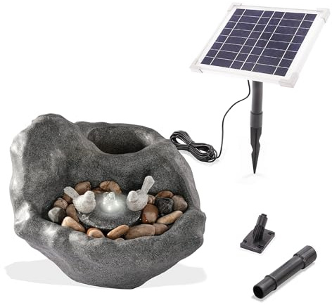 esotec Solar Vogelbad Gartenbrunnen Wasserspiel außen Akku & LED 101320 | Solar Vogelbadbrunnen, 6Wp Solarmodul, LiFePO4, LED ww+kw, Polyresin Steinoptik, Trockenlaufschutz, Durchflussregler, H17cm