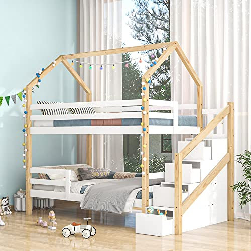 Sapgaks Kinderbett,Dachbodenbett,Doppelbett,das Leiterschrank,das Kinderkiefernhausbett,farbige Kinderbetten,90 x 200 cm,Keine Matratze,weiße und holzige Farben