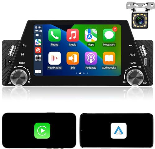 NHOPEEW 1Din Autoradio mit Wireless Carplay und Android Auto - 5 Zoll Touchscreen Radio mit Knopf Unterstützung Mirror Link EQ FM Bluetooth + 12 LED Lichter Rückfahrkamera