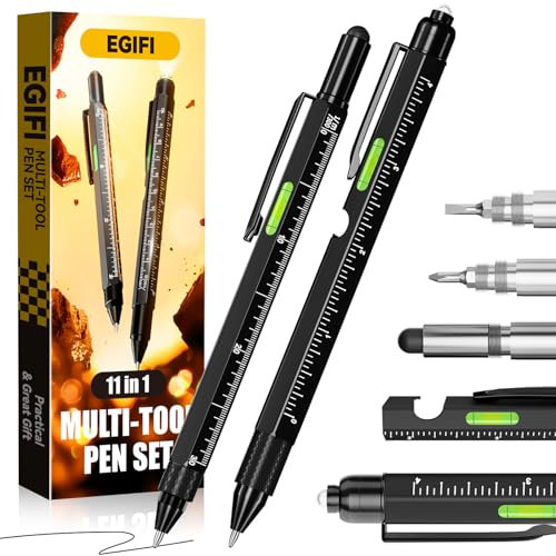 Gifts for Him, Dad, Husband, 11 in 1 Multitool Pen with LED Light, Ruler, Level, Screwdriver, Stylus, Flathead, Christmas Stocking Stuffers for Men Adults, Cool Birthday Gadgets for Men, Black