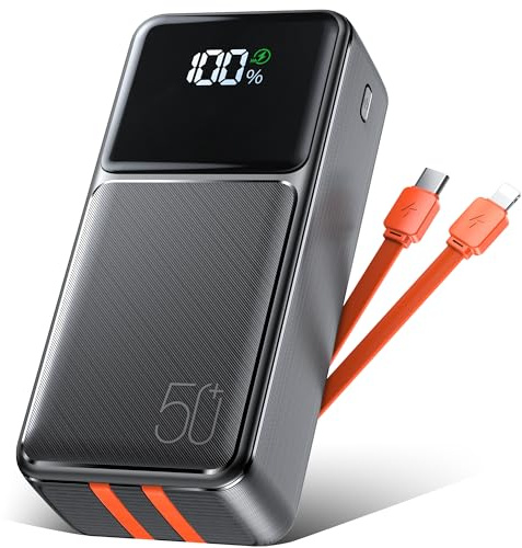 50000mAh Power Bank mit 2 Kabel:Schnellladung Powerbank 22.5W USB C 5 Output & 2 Input Externe Handyakkus mit Große Kapazität und LED Display Kompatibel mit Handy Tablet