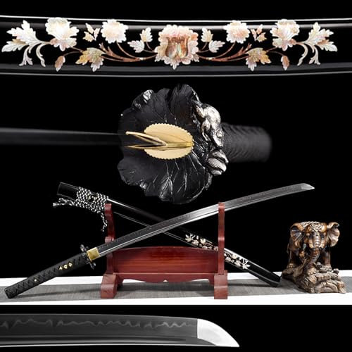 TIANTAO 103cm Handgefertigtes Katana,T10-Stahl Klinge mit Brennmuster,Geschnitzte Handschützer,Naturholz-Scheide,Echte Japanisches Samurai Schwert für Cosplay,Display,Kendo-Training,Weihnachten,Kendo