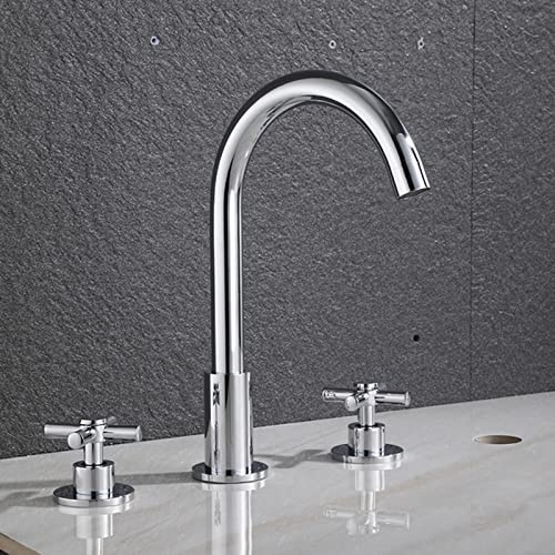 Modern 3 Hole Bath Shower Mixer Tap with 360° Rotatable Spout and Cross Handle Hot and Cold Water Chrome Bathroom Filler Faucet