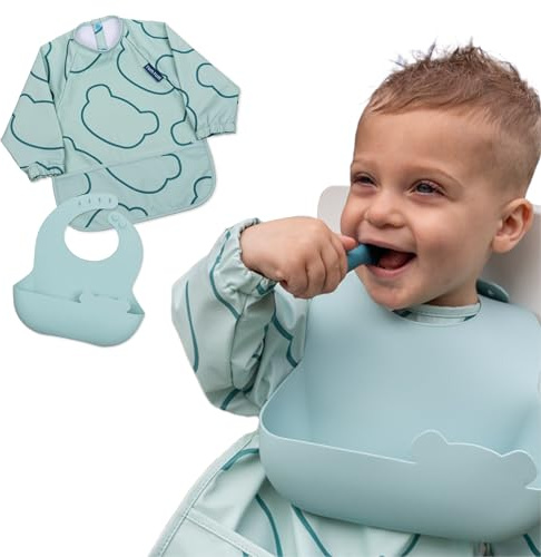 TUM TUM Cofanetto bavaglini 2 in 1 grigio – 1 bavaglino in silicone + 1 bavaglino grembiule, blu, Taglia unica