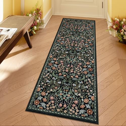 Moynesa Küchenläufer mit Blumenmuster, 2 x 6 cm, Läufer für Flur, 1,8 m, rutschfest, waschbar, weich, Boho, botanisch, ultradünn, schmutzabweisend, Teppichläufer für Badezimmer, Eingangsbereich