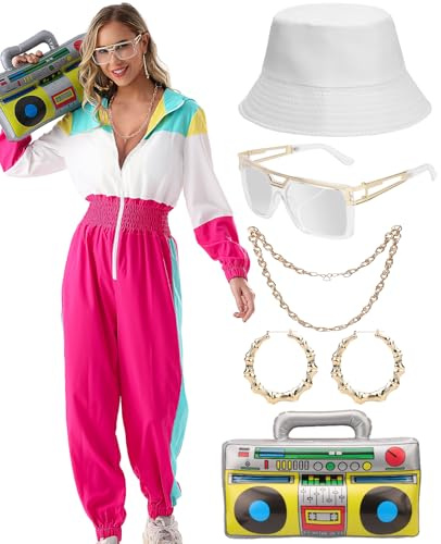 80er 90er Jahre Outfit Jumpsuit Damen, Trainingsanzug Overall Hoodie, Jogginganzug mit Aufblasbarer Ghettoblaster Hut Gläser Halskette Ohrringe,Karneval Fasching Mottoparty Kostüm