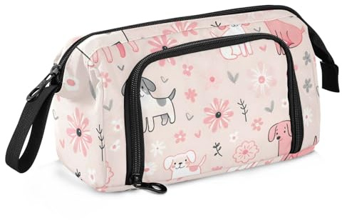 Mnsruu Federmäppchen mit großem Fassungsvermögen, rosa Pastellfarben mit Hunden und Blumen, Stifteetui, Schreibwaren-Tasche, Schule, Uni, Büro, Organizer für Teenager, Erwachsene, Studenten, Rosa
