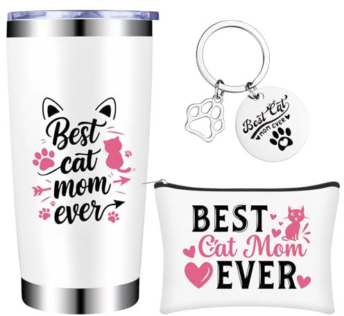 ULELE 3 Pcs Cat Mom Gifts for Women, 20oz Best Cat Mom Ever Tumbler Mug for Cats Lovers Cats Mum Themed Gift with Makeup Bag Keychain for Crazy Ca-t Lady Mothers Day Birthday