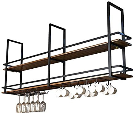 SZITW Mensole da Parete in Legno massello sospese - Portabicchieri da soffitto - Portavasi in Ferro da Parete - Portabottiglie con corrimano - Portaoggetti Decorativo da Cucina a 2 Livelli - Porta