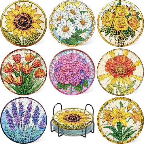 Daisen Art 8 Stück Diamond Painting Untersetzer Blumen Diamond Painting Coasters with Holder, Blumen Diamond Coasters, 5D DIY Untersetzer rutschfest für Anfänger, Erwachsene & Kinder