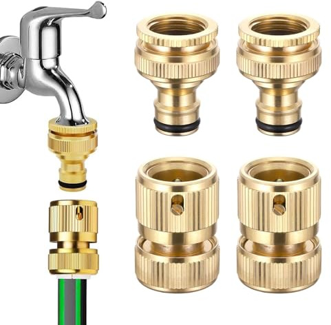 Raheem Schlauchanschluss 1/2 Zoll & 3/4 Zoll Set | 4-Stück 2-in-1 Messing Schlauchverbinder Dichtheit Kupplung Kompatibel mit Gardena, für Gartenbewässerung & Autowäsche