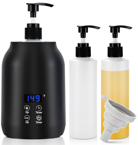 Massage Oil Warmer Heater with Dual 8.5oz Massage Oil Bottles & Funnel, Adjustable Temp (86–149°F) & Timer (0.5–24H), Compact & Quiet Heated Lotion Warmer Dispenser for Spa, Salon, Home Use
