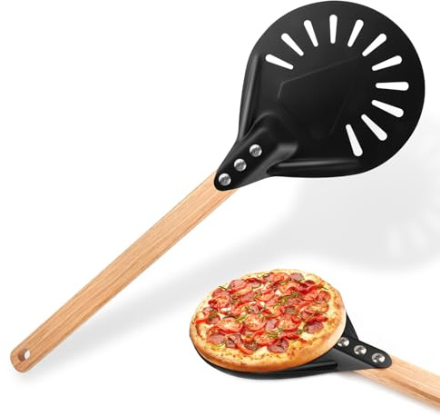 QOUBNIC Perforierte Pizzaschaufel, 7 Zoll Aluminium Rund Pizzawender mit Abnehmbarem Griff, Pizzaschieber Pizzapaddel für Pizza, Brot, Kuchen, Torten (Schwarz)
