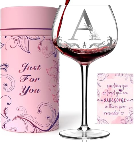 Cadeau personnalisé avec monogramme pour femme – Verre à vin personnalisé avec initiale de A à Z, cadeau d'anniversaire unique pour femme, maman, épouse, sœur, fille, amie (lettre A)