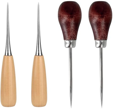 HARY 4Pcs Bradawl Tool Gourd Shape Leather Tools Brown Beige Sewing Awl Leather Craft Cloth Pouch Hole DIY Wooden Handicrafts