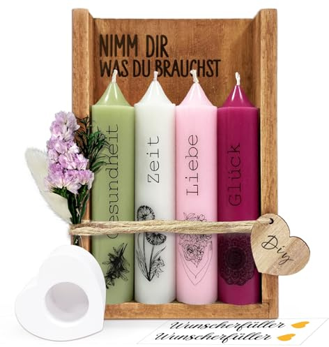 Nimm dir was du brauchst Kerzen Geschenkset, Geburtstagsgeschenk für Frauen Freundin Schwester, Kerzen mit Spruch Deko Kerzenhalter Set mit Holzbox Trockenblumen Geschenkidee Wunscherfüller