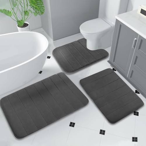 BOYIFEIJIE Badezimmerteppich Set 3-teilig, Weiche Memory-Schaum Badematten, Bad Teppich rutschfest Waschbar, Saugfähig & Schnell Trocknend, Badteppich für Dusche, WC & Badewann (Dunkelgrau)
