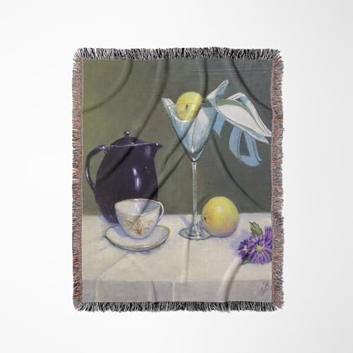 3dRose Beautiful Indigo Tea Pot, Champagne Glass, Bright Lemon, with White and Gold Cup and Saucer Woven Blanket