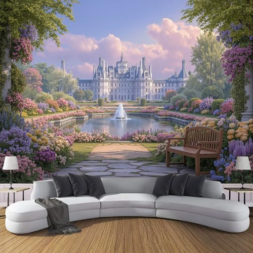 DLERFLOVR Carta da parati Fontane E Fiori 450x315cm Fotomurali in Seta Giardini Del Palazzo XXL Poster Gigante Design Decorazione da Muro per Soggiorno Camera Da Letto Ufficio Cucina, Blu Polvere