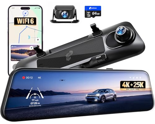 Pelsee S12 Native 4K + 2.5K Rear View Mirror Camera, Mirror Dash Cam w/ 8MP Sensor, Telephoto Lens, Color Night Vision, WiFi 6 30MB/s Download, GPS, 64GB Card Included, Backup Camera for Car Truck SUV