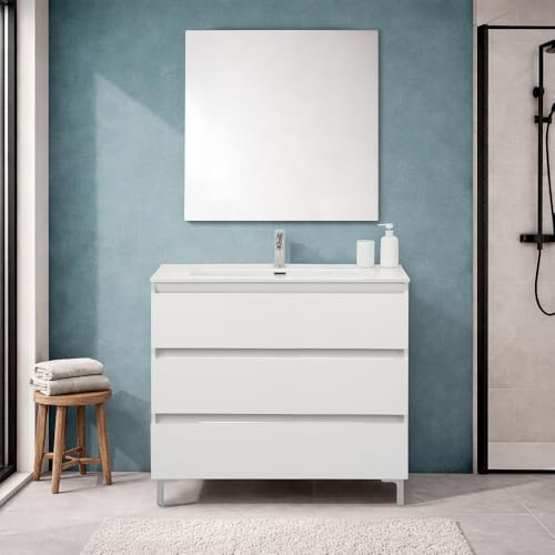 Inbagno Mobile Bagno A Terra 100 Cm Bianco Lucido Con 3 Cassetti Soft-Close, Lavabo In Ceramica - Mobile Bagno Completo Linea Leda